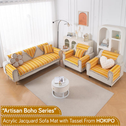 Artisan Boho 5-Seater Sofa Seat Mat with Tassels (3+1+1), Mustard Yellow