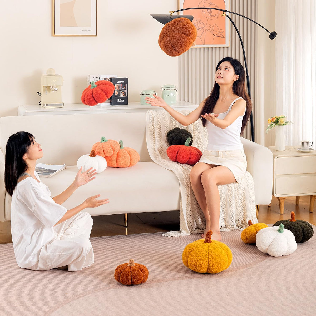 HOKIPO Pumpkin Shaped Plush Cushion for Autumn Decor, 19 cm, White