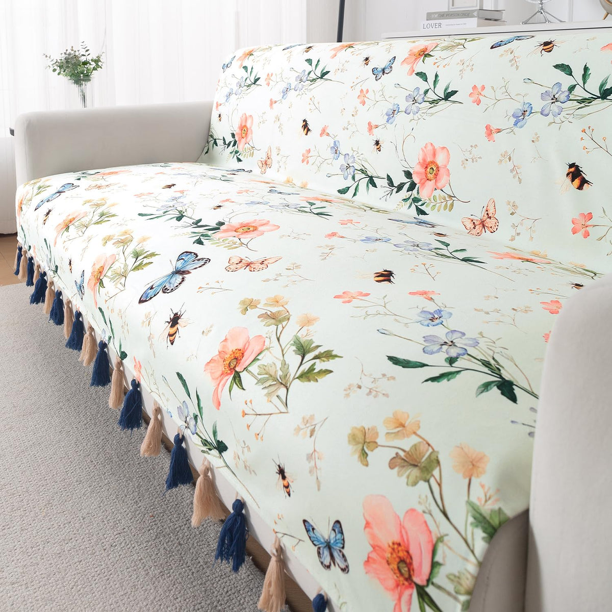 'Whispers of Nature' Series Holland Velvet Sofa Cover with Tassel, Pastel Butterfly Meadow