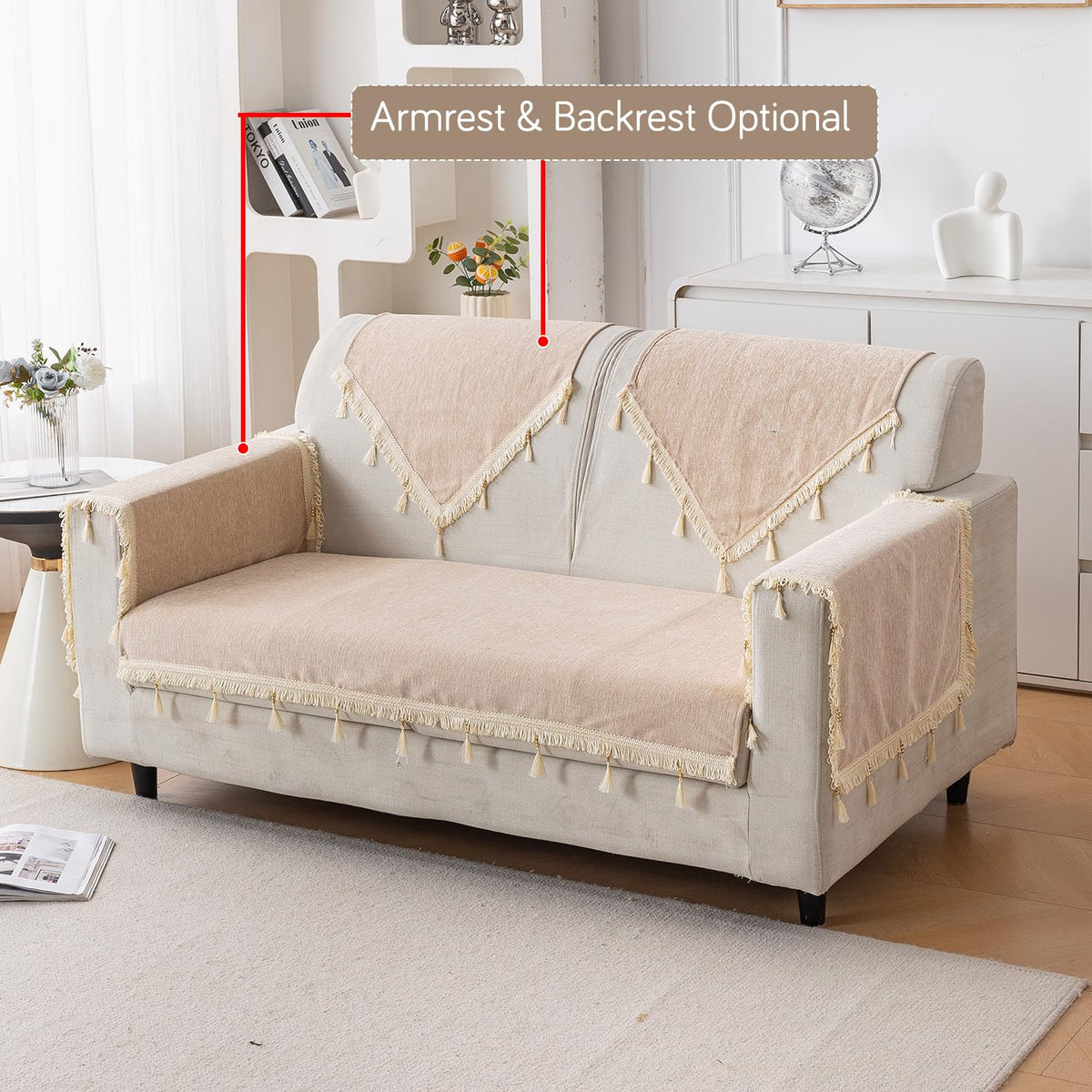 Serenity Tassel Chenille Sofa Cover with Tassel – Ivory Fringe