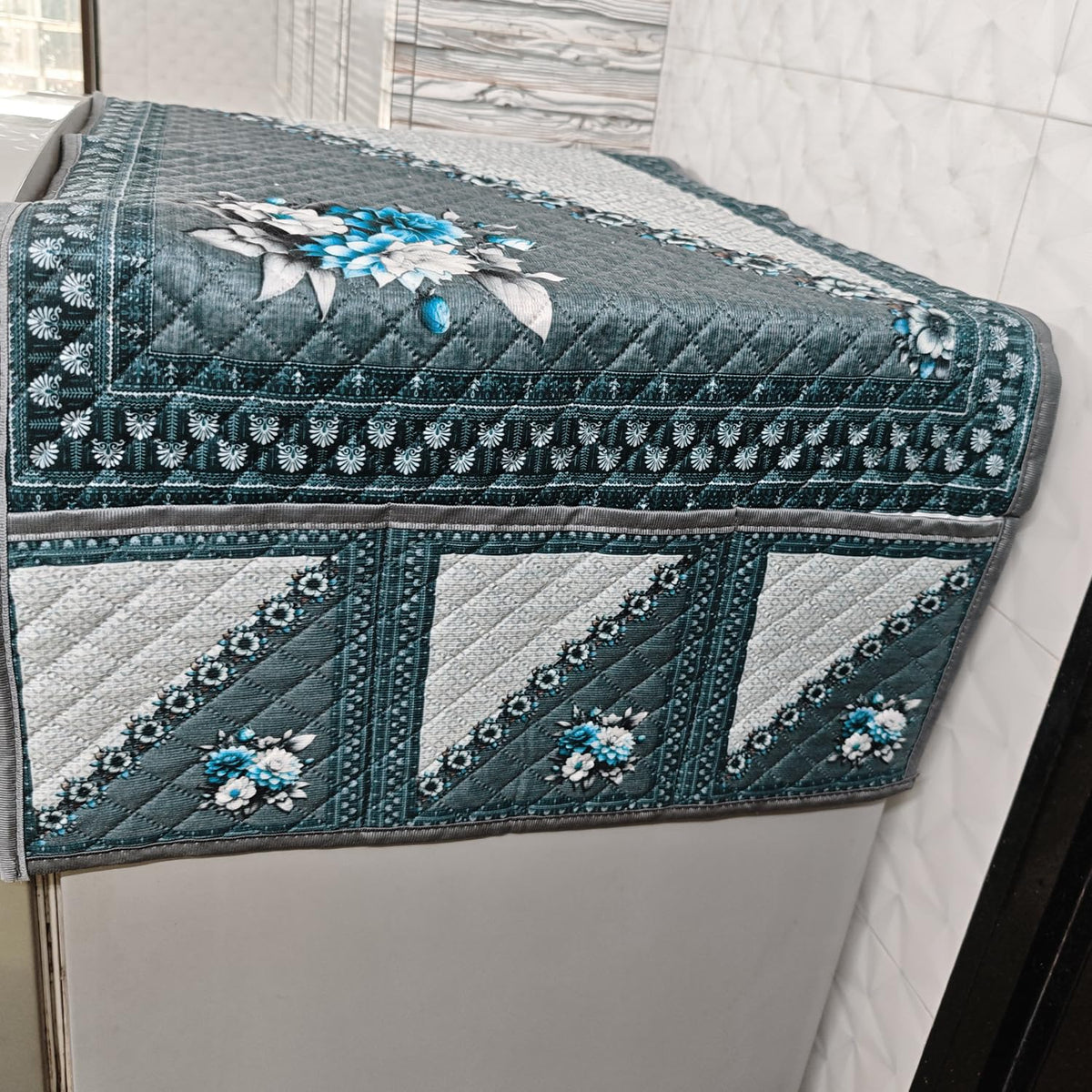 Eternal Floral Printed Quilted Fridge Top Cover with side Pockets - Moonlit Blossom