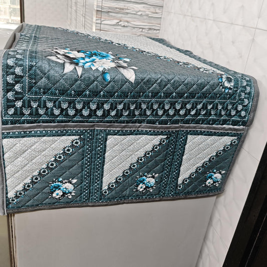 Eternal Floral Printed Quilted Fridge Top Cover with side Pockets - Moonlit Blossom