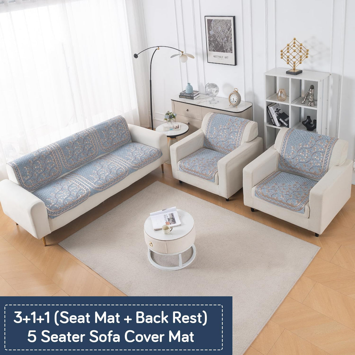 Royal Aangan Premium Chenille Jacquard Sofa Cover 5 Seater Set 3+1+1 Sofa Cover for Seat & Back, Neel Baari