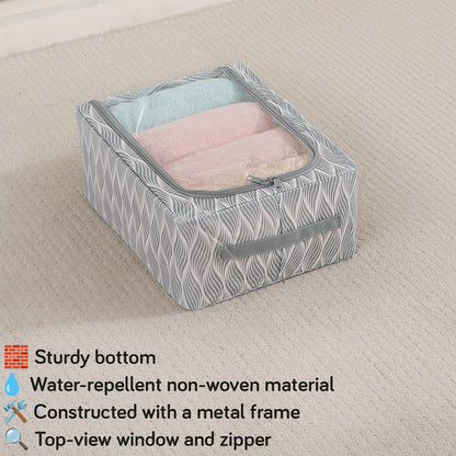 Cloth Organizer with Metal Frame | Moisture & Moth Resistant Wardrobe Organizer | Living Box for Clothes, Grey leaf