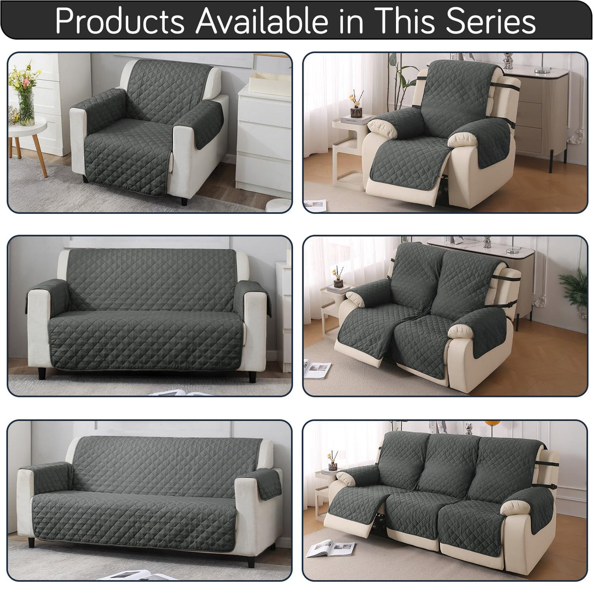 UrbanQuilt Recliner Sofa Slipcover Mat with Dual Belt for 1/2/3 Seater - Anchor Grey