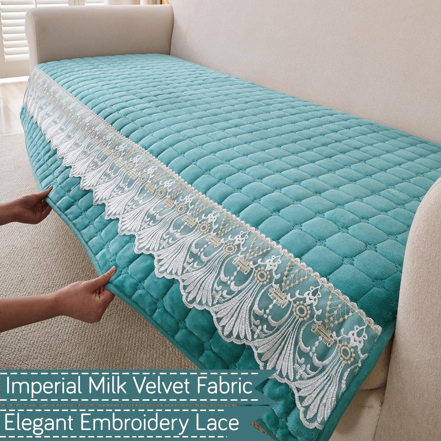BelleLace Series Imperial Milk Velvet Sofa Cover Mat with Lace Design - Teal