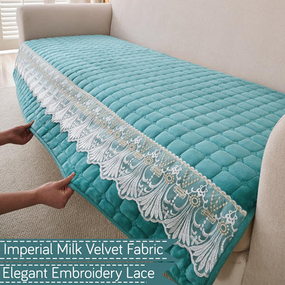 BelleLace Series Imperial Milk Velvet Sofa Cover Mat with Lace Design - Teal