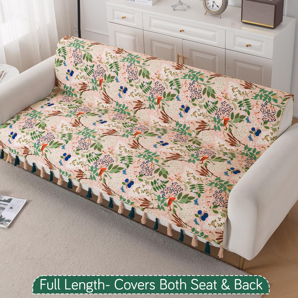 'Whispers of Nature' Series Holland Velvet Sofa Cover with Tassel, Beige Woodland Bloom