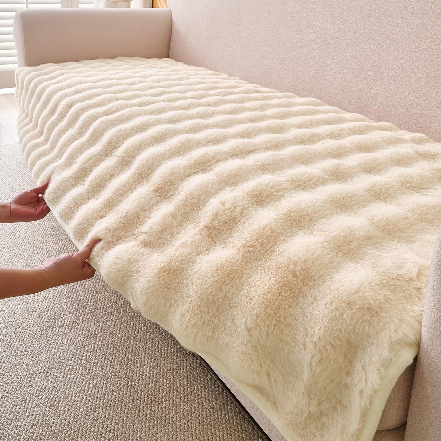 'FurHug' Premium Faux Rabbit Fur Sofa Seat Mats, Beige