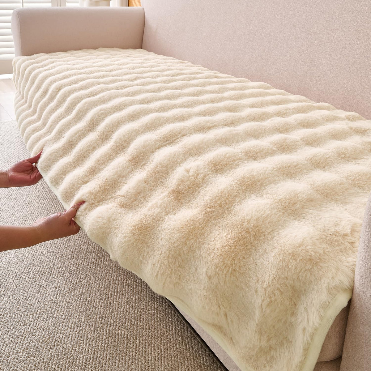 'FurHug' Premium Faux Rabbit Fur Sofa Seat Mats, Beige