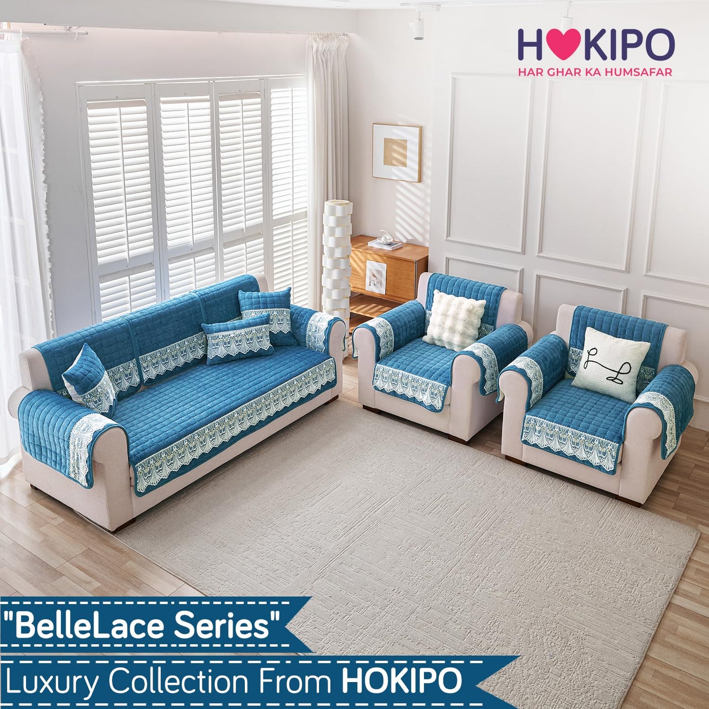 BelleLace Series Imperial Milk Velvet Sofa Cover Mat with Lace Design - Celdaon Blue