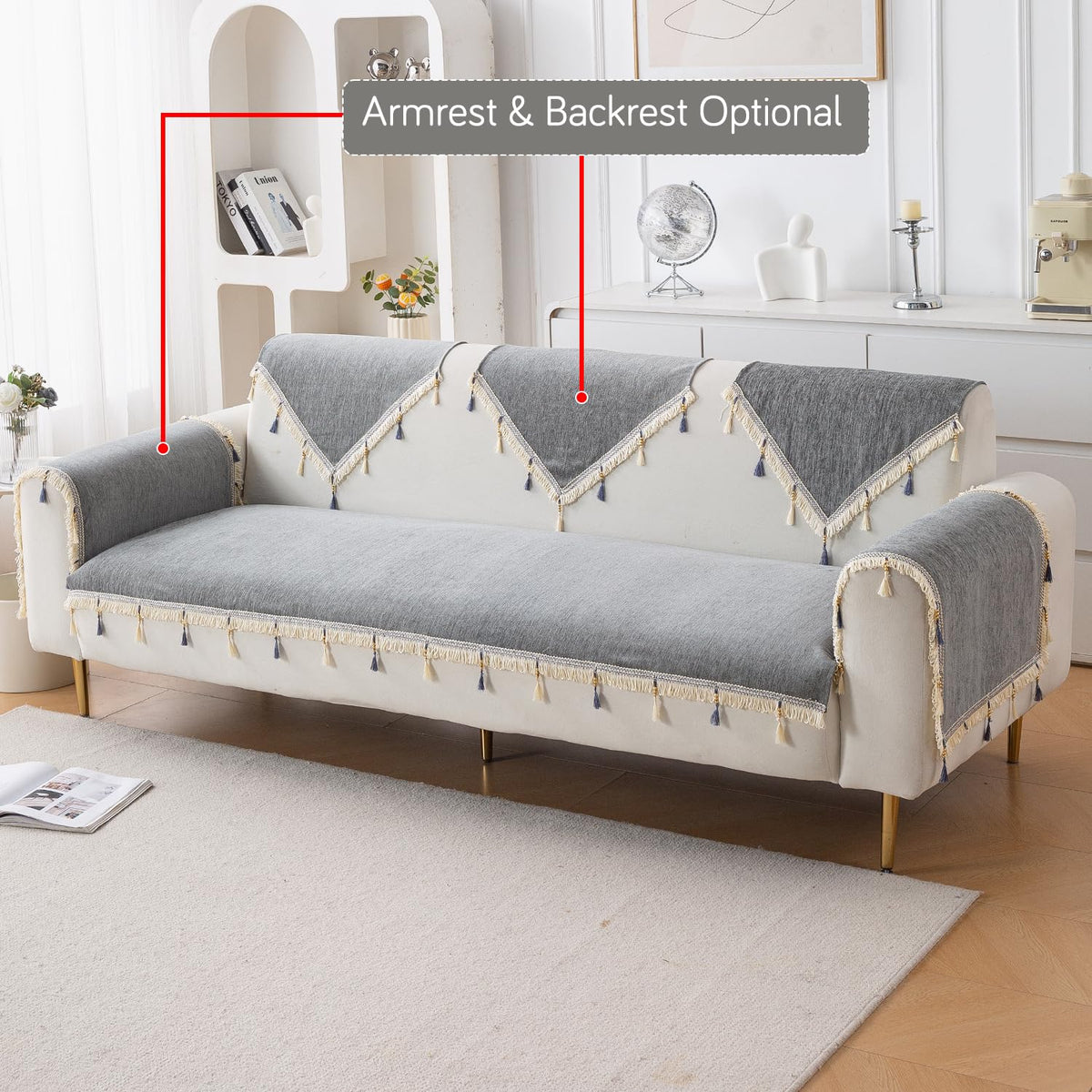 Serenity Tassel Chenille Sofa Cover with Tassel – Glacier Silver