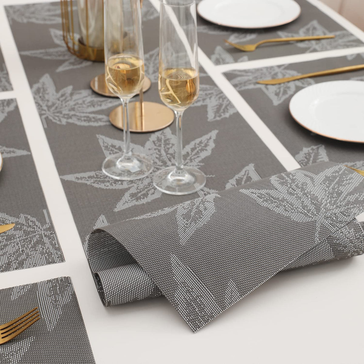 PVC Dining Table Mats, Grey Maple Leaf