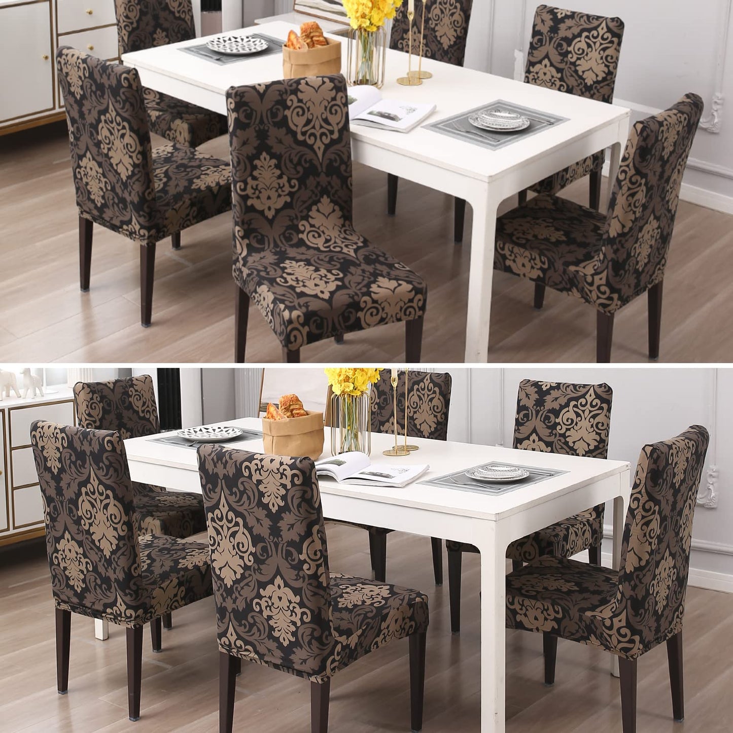 Brown Damask print chair covers for dining chairs | Hokipo