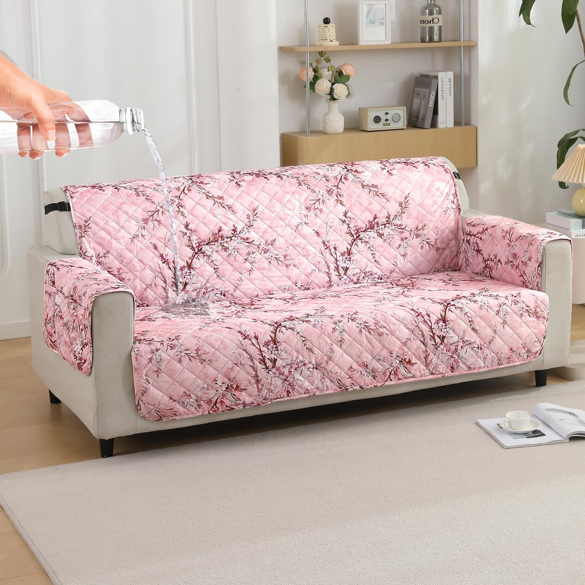 Blossom Flower Pink Print Waterproof Sofa Cover Set with Pockets on Armrest Cover