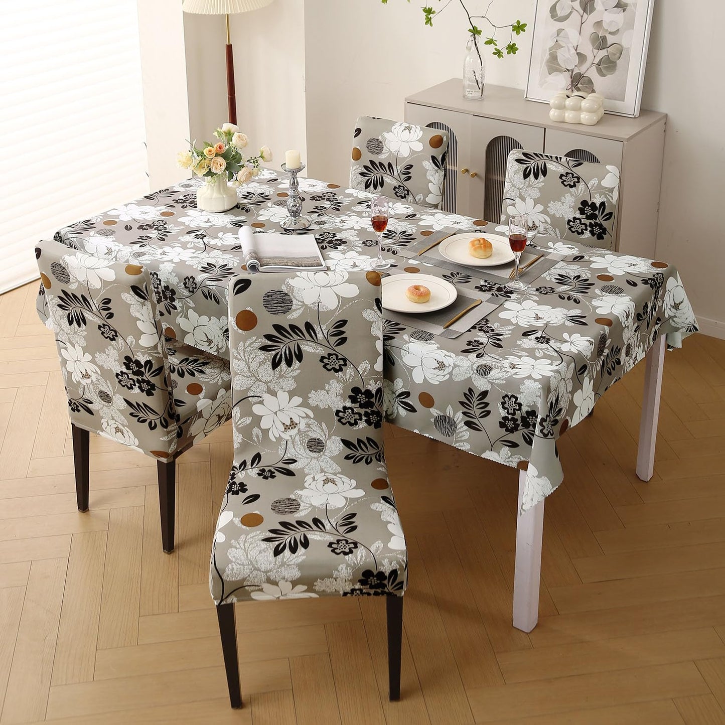 Elastic Dining Chair Covers with Matching Tablecloth, Feather Brown Floral