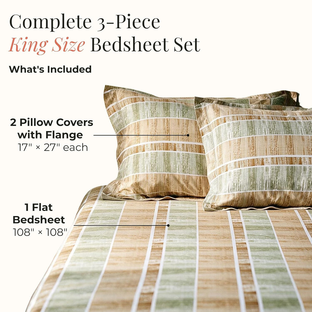HOKIPO 180 TC Cotton Twill Flat Bedsheet in King Size, Mustard & Green - image 5