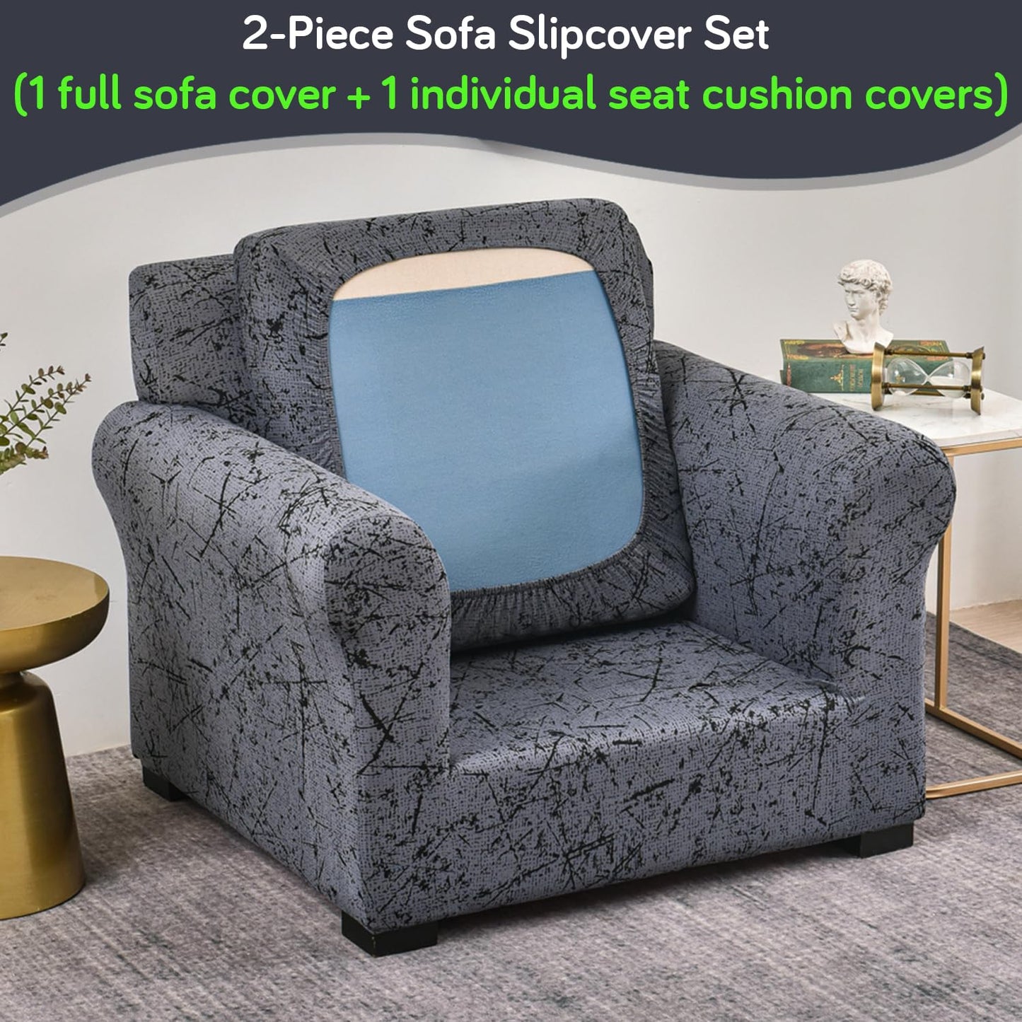 Printed Stretchable Sofa Slipcover with 1/2/3 Pc Separate Seat Cushion Cover for each 1/2/3 Seater, Intense Grey Splatter