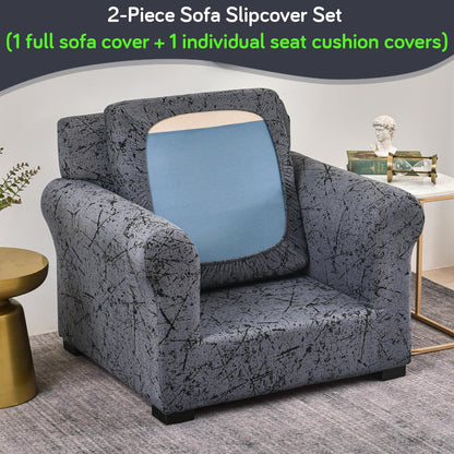 Printed Stretchable Sofa Slipcover with 1/2/3 Pc Separate Seat Cushion Cover for each 1/2/3 Seater, Intense Grey Splatter