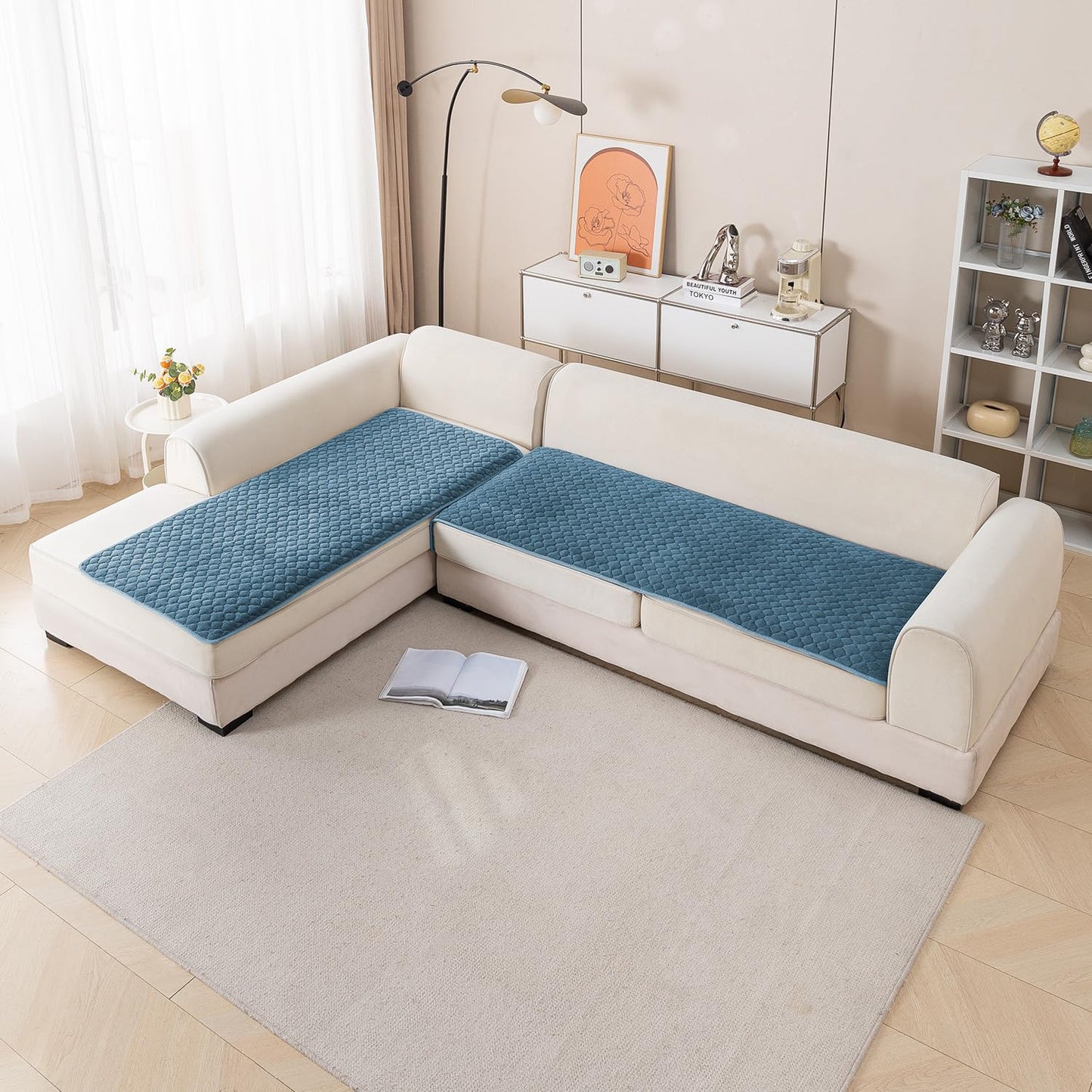 Diamond Plush Premium Quilted L Shape Sofa Cover Seat Mat, Blue