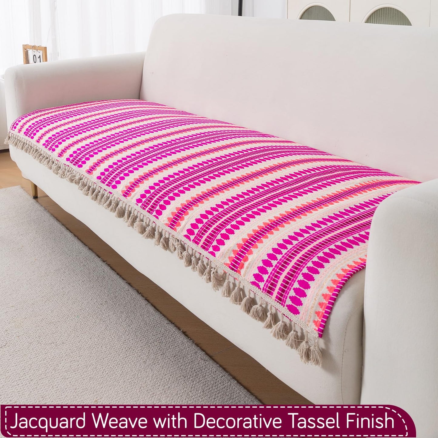 Artisan Boho 5-Seater Sofa Seat Mat wth Tassels (3+1+1), Fuchsia Pink