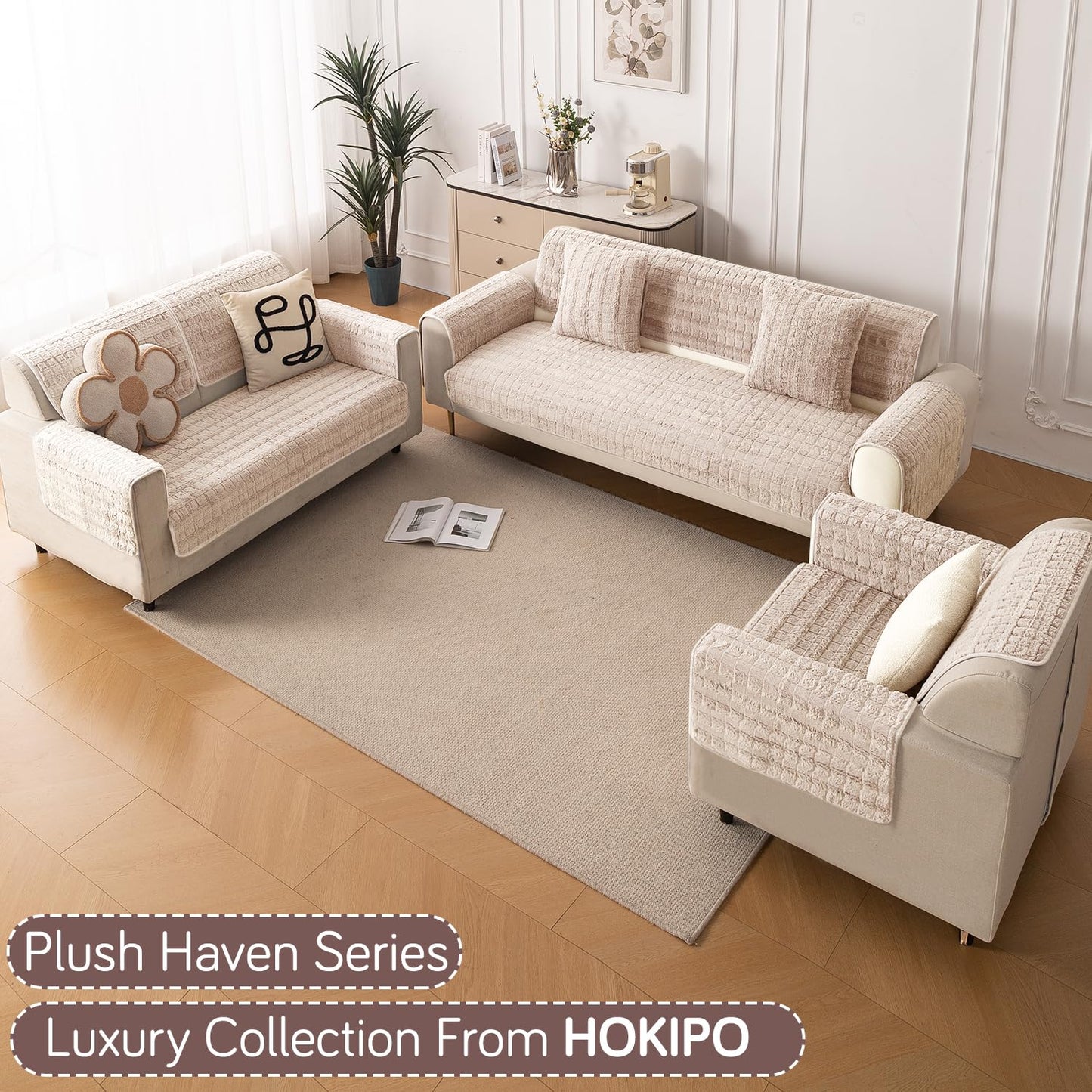 Premium Plush Anti Slip Sofa Cover Mat, Beige