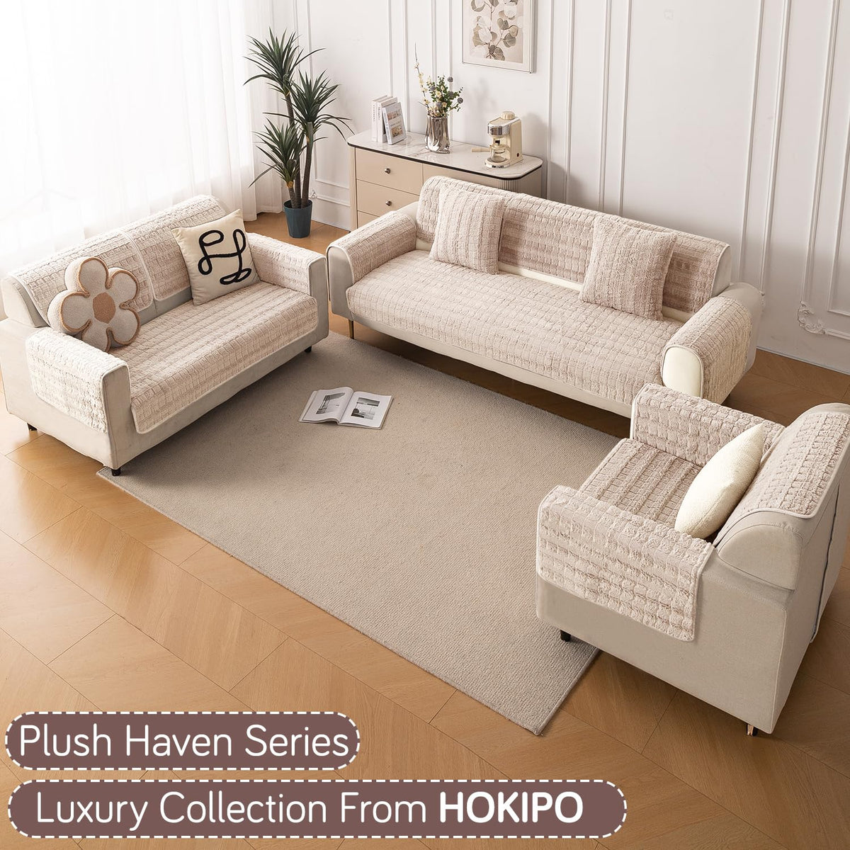 'Plush Haven' Premium Anti Slip Sofa Cover Mat, Beige