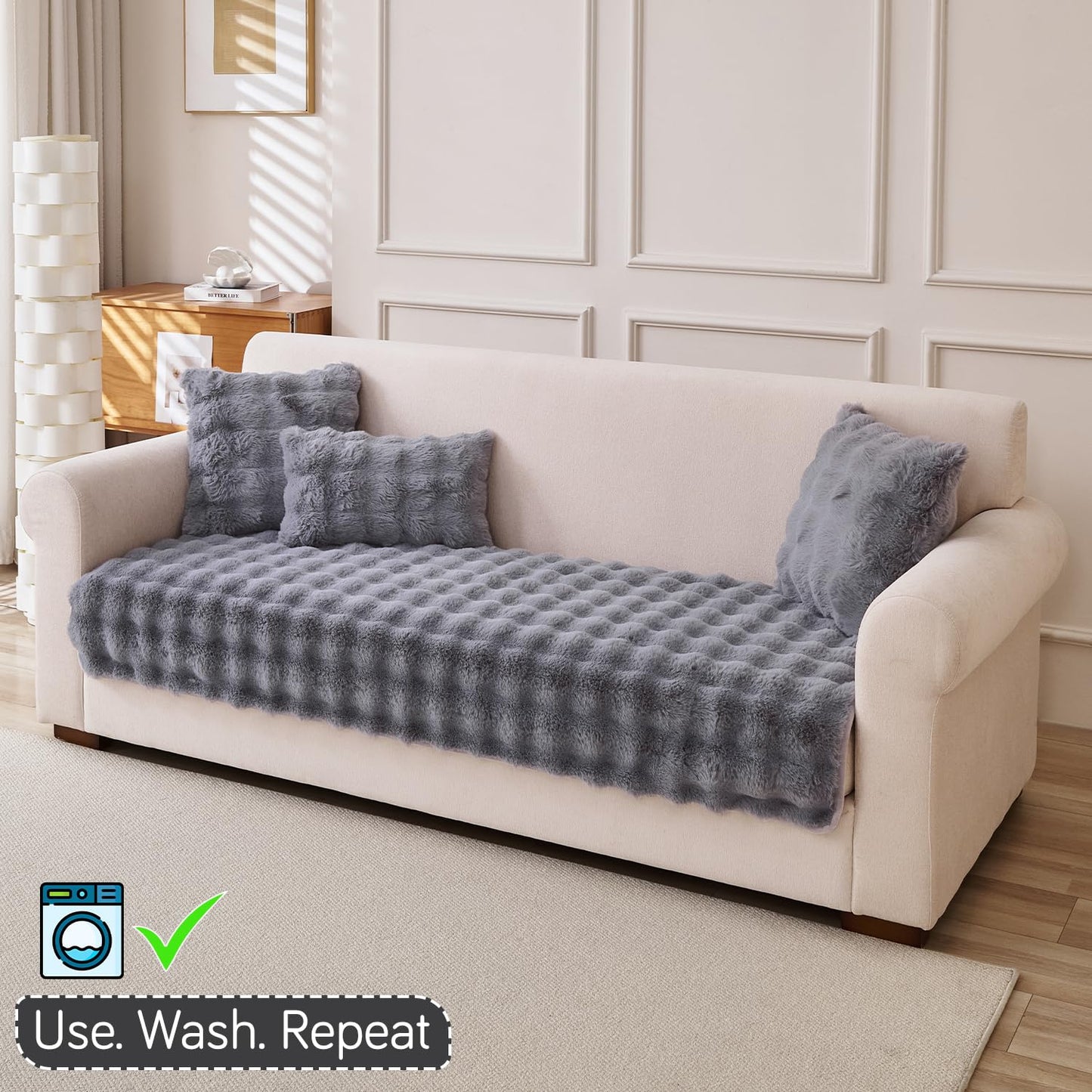 'FurHug' Premium Faux Rabbit Fur Sofa Seat Mats, Cool Grey