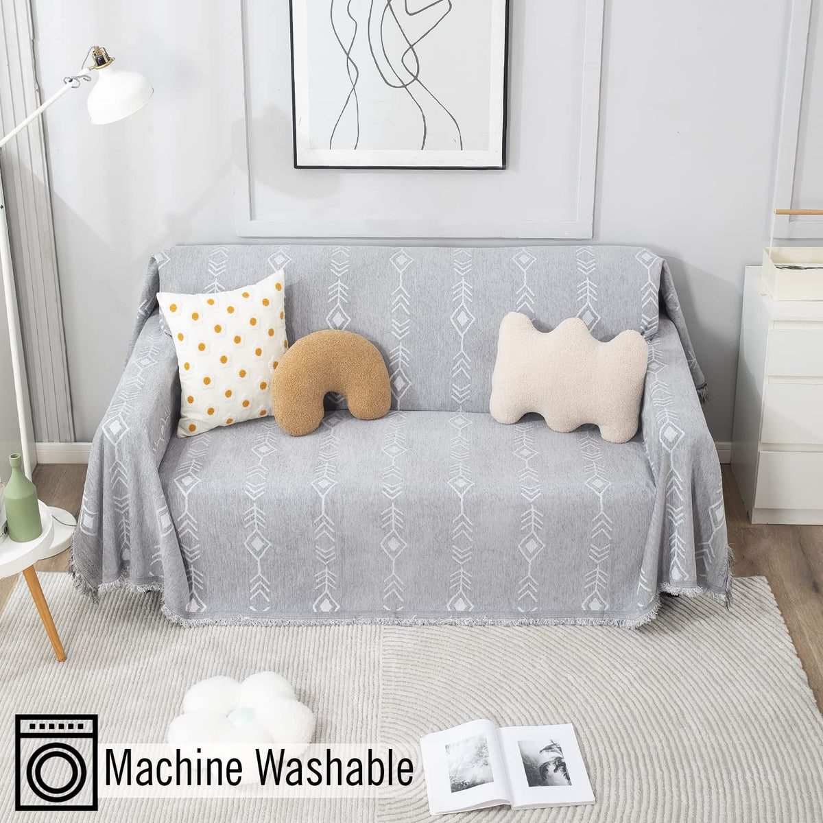 Thick, Soft and Pet Friendly Chenille Sofa Cover Throw, Grey Aztec