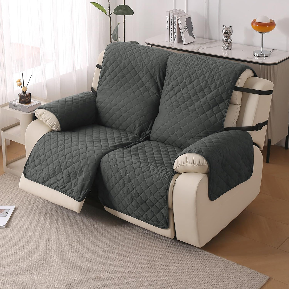 UrbanQuilt Recliner Sofa Slipcover Mat with Dual Belt for 1/2/3 Seater - Anchor Grey