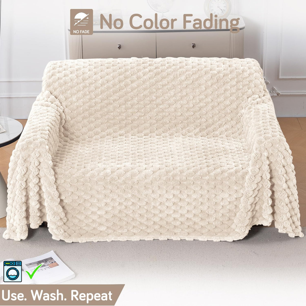 Luxury Rabbit Wool Plush Sofa Throw, Cream