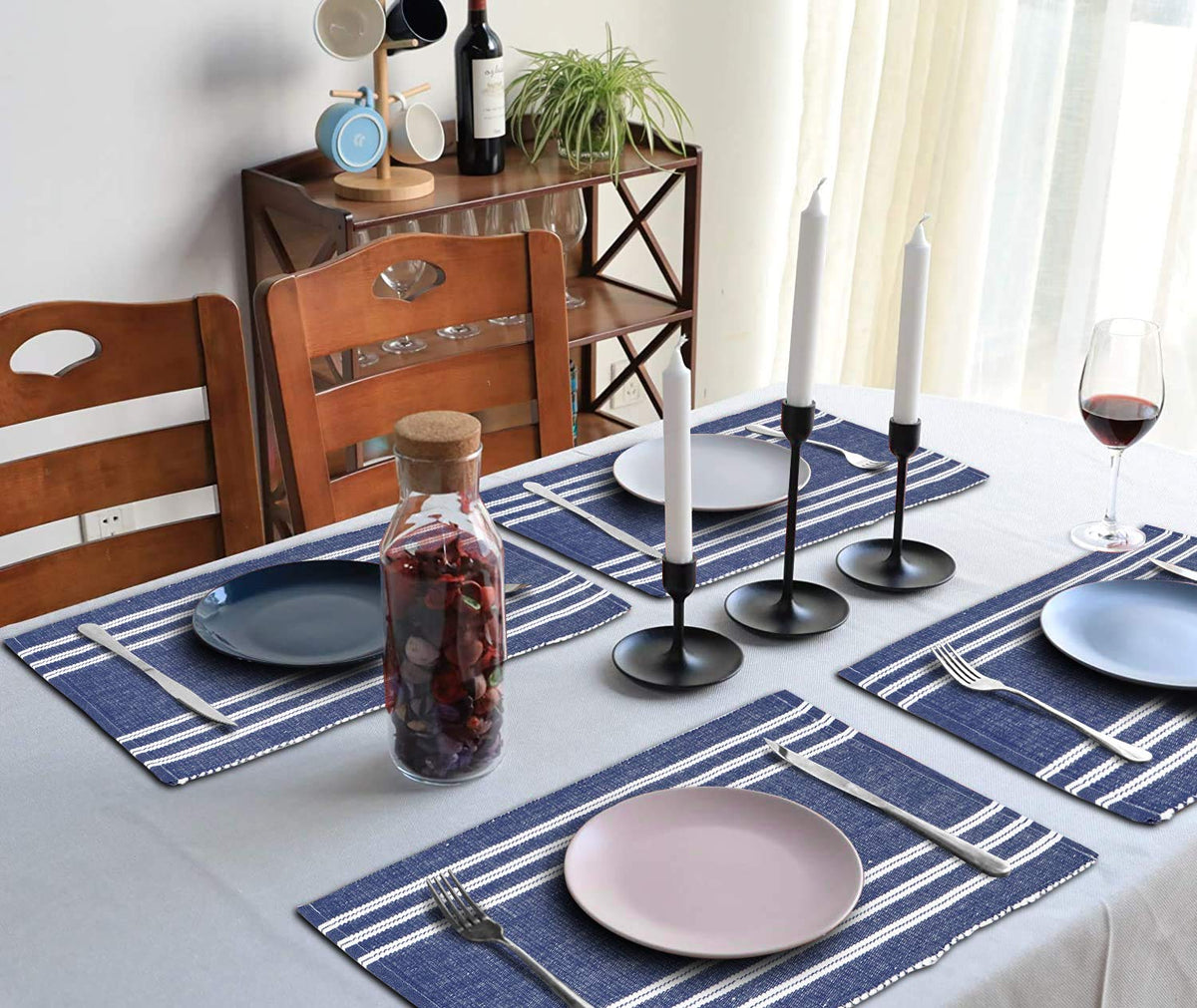 Ribbed Cotton Heat Resistant Dining Table Mat, Blue