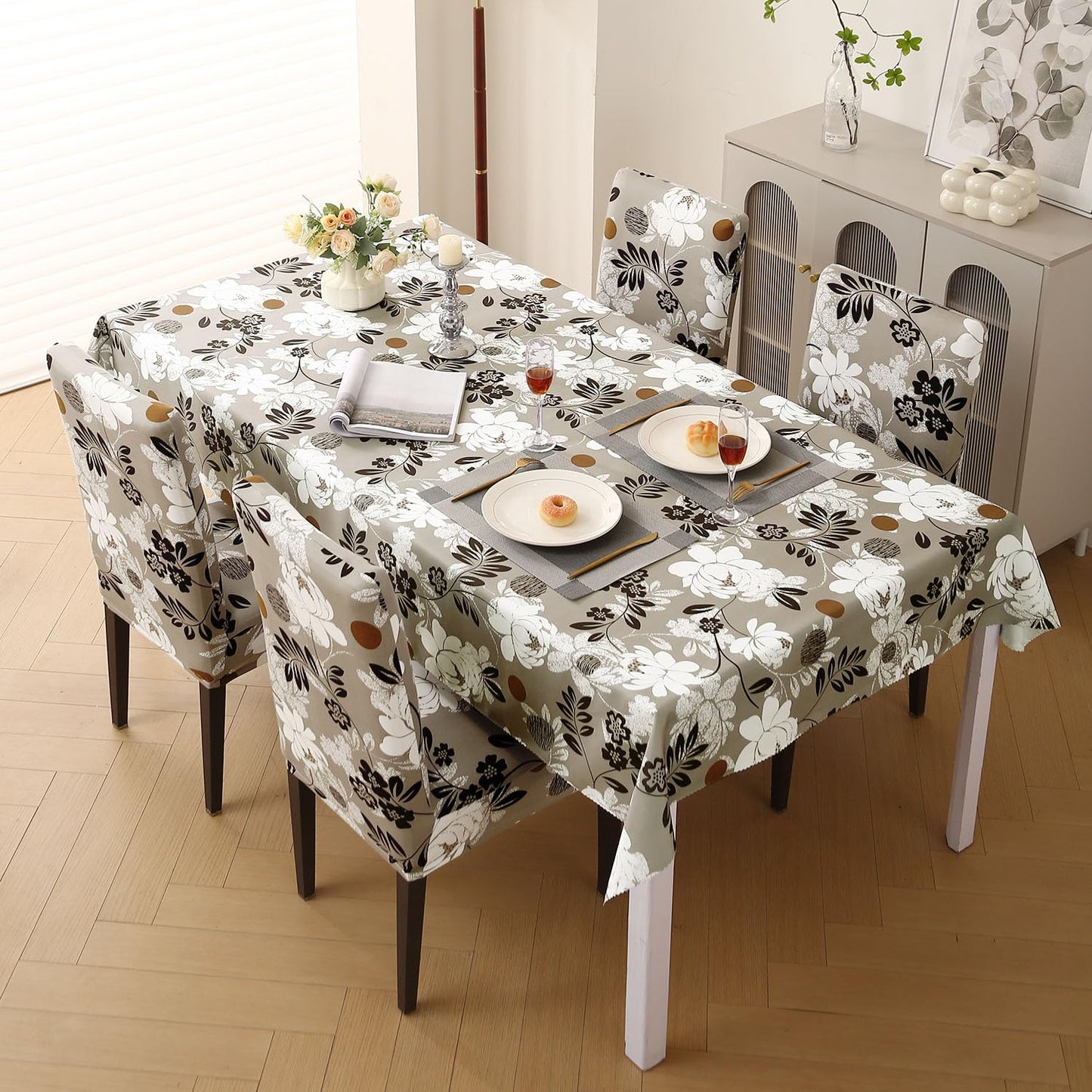 Elastic Dining Chair Covers with Matching Tablecloth, Feather Brown Floral