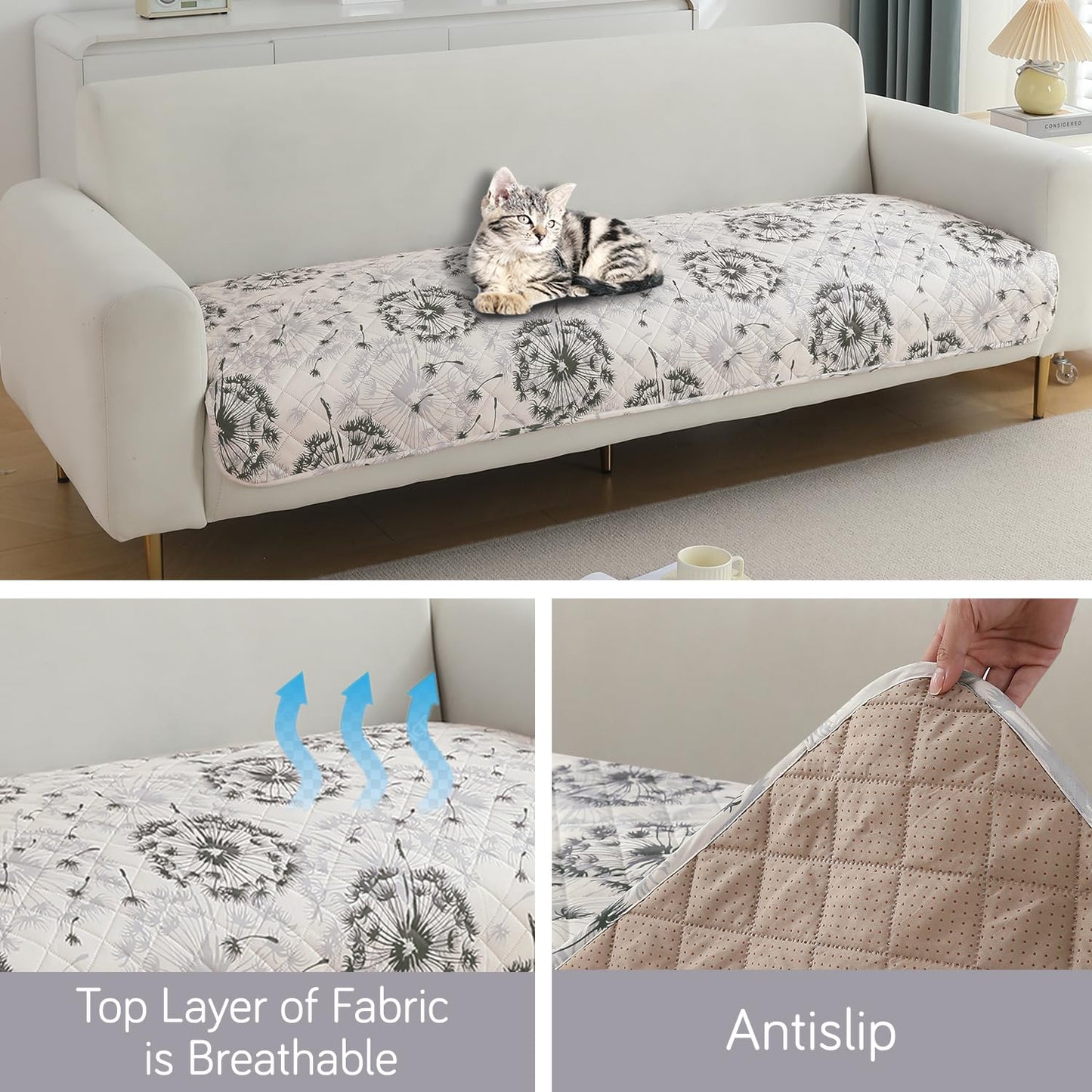 Quilted, Waterproof and Anti-Slip Sofa Cover Mat, Dandelion Anchor Grey