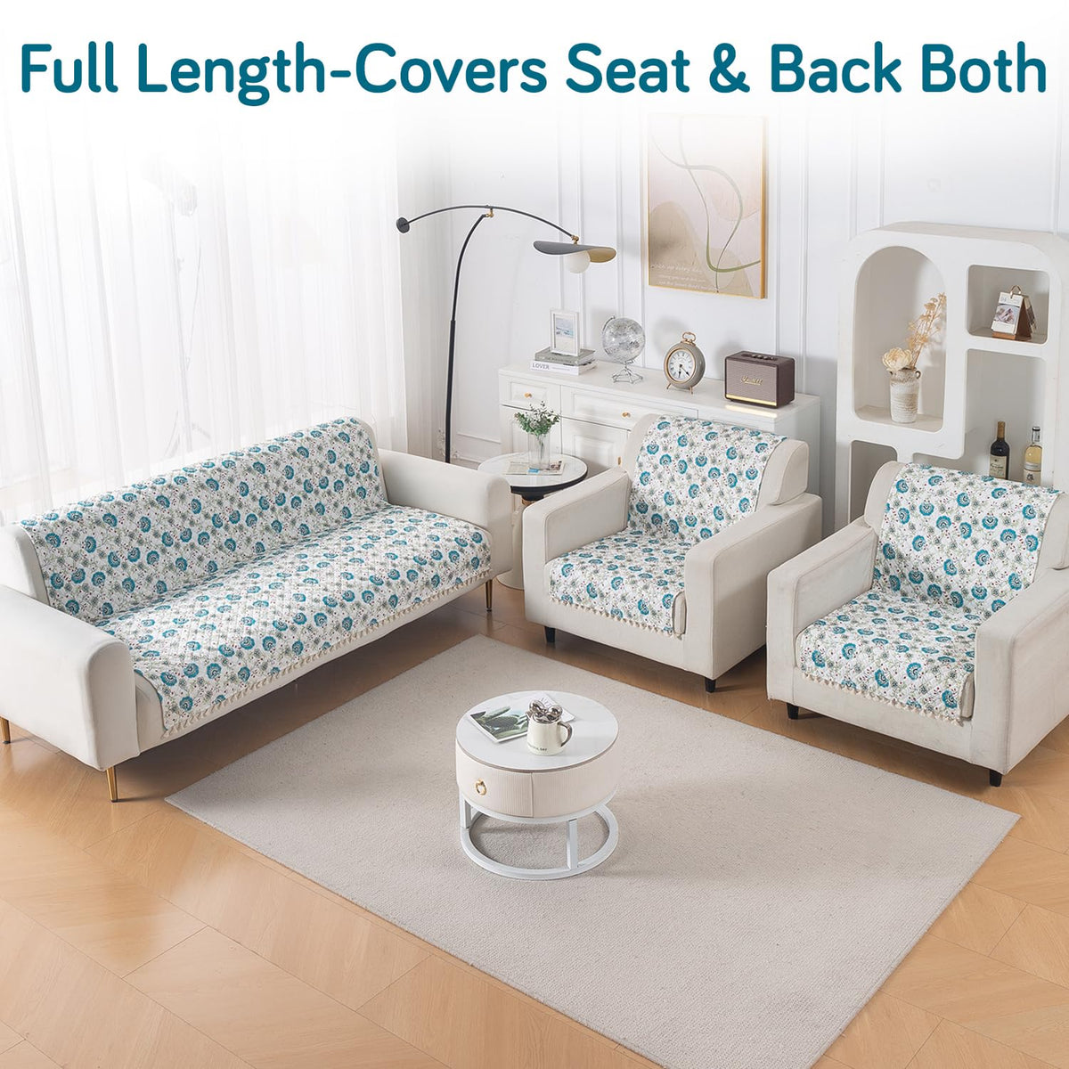 Quilted Sofa Cover 5-Seater Sofa Cover (3+1+1), Tassel Twigs | Cerulean Bloom