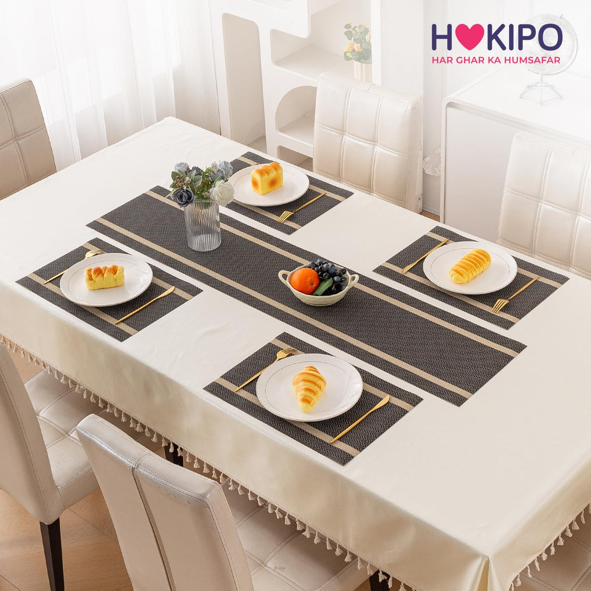 Chevron Stripes PVC Mats for Dining Table - Ebony Black