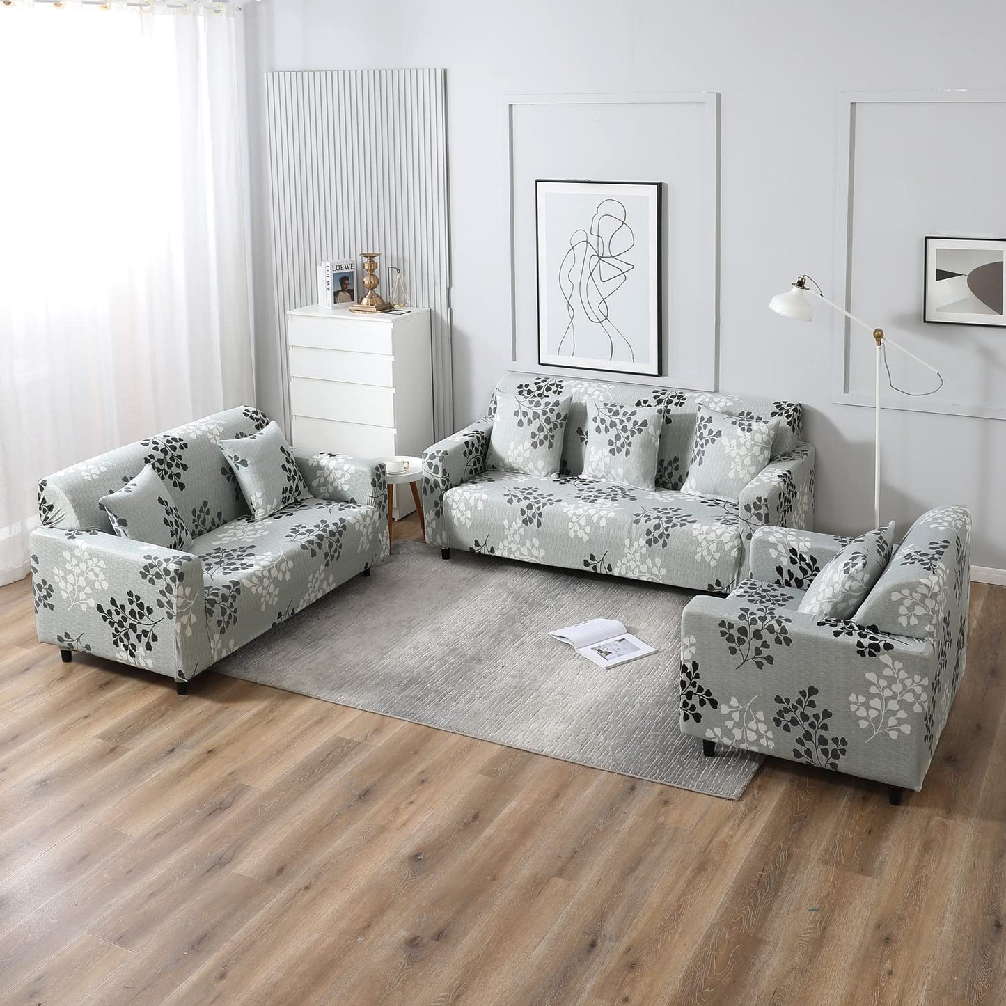 HOKIPO Stretchable Pack of 2 Cushion Cover 16x16, Grey Leaves
