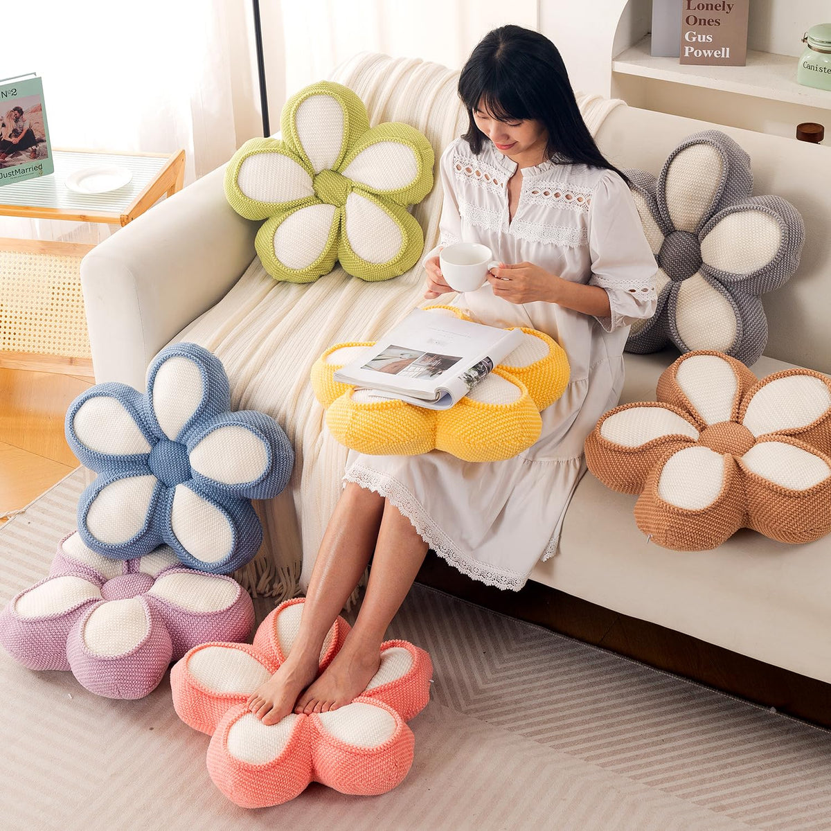 HOKIPO Daisy Petal Flower Cushion for Sofa & Bed, 47 cm, Yellow