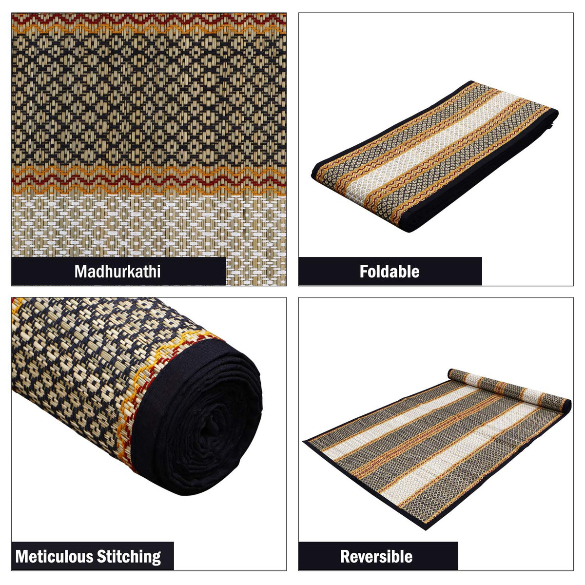 Black chatai mat - Madhurkathi, Foldable, Reversible & Meticulous Stitching | HOKIPO