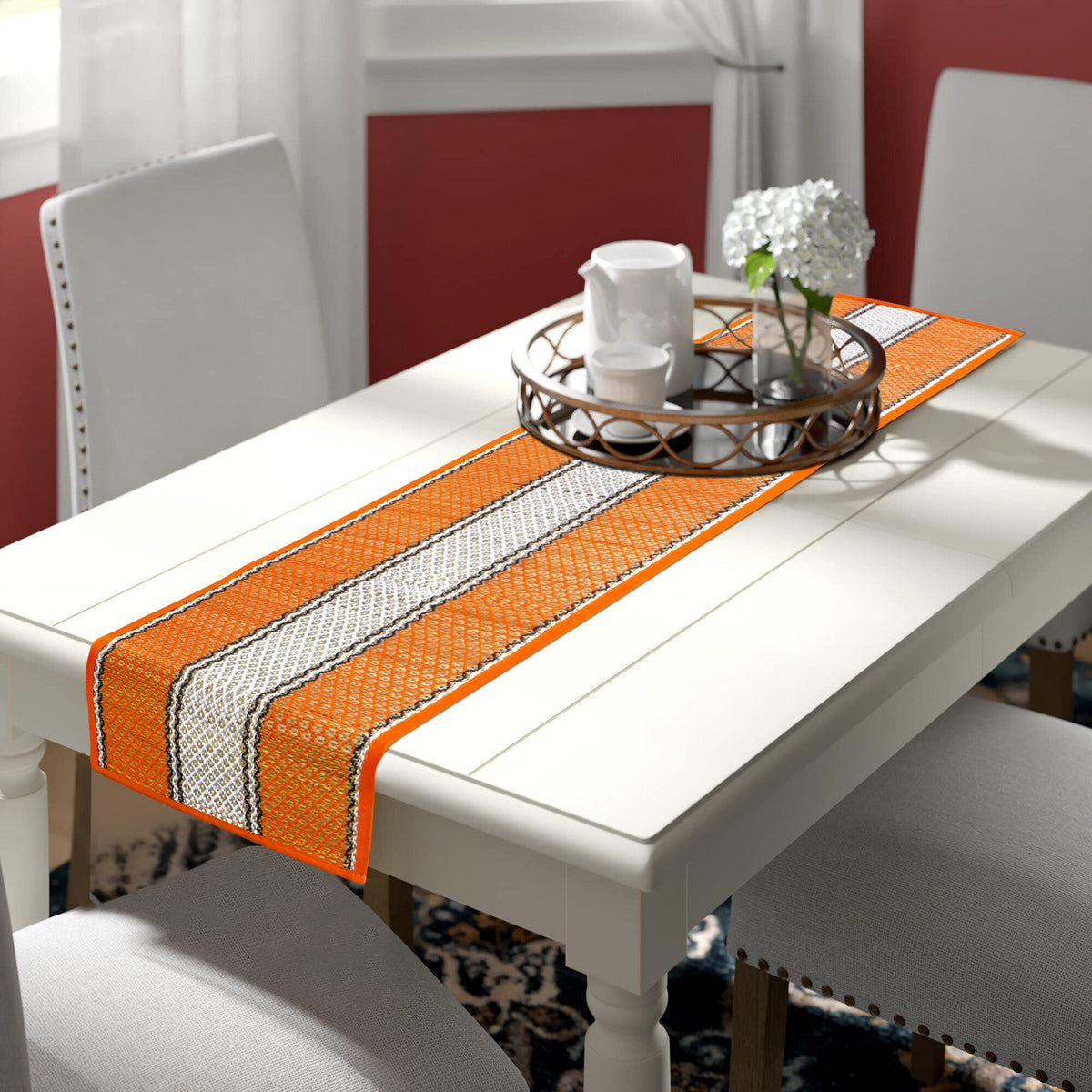 Buy Orange Colour natural handmade Madurkathi table runner for 4 seater tables | HOKIPO