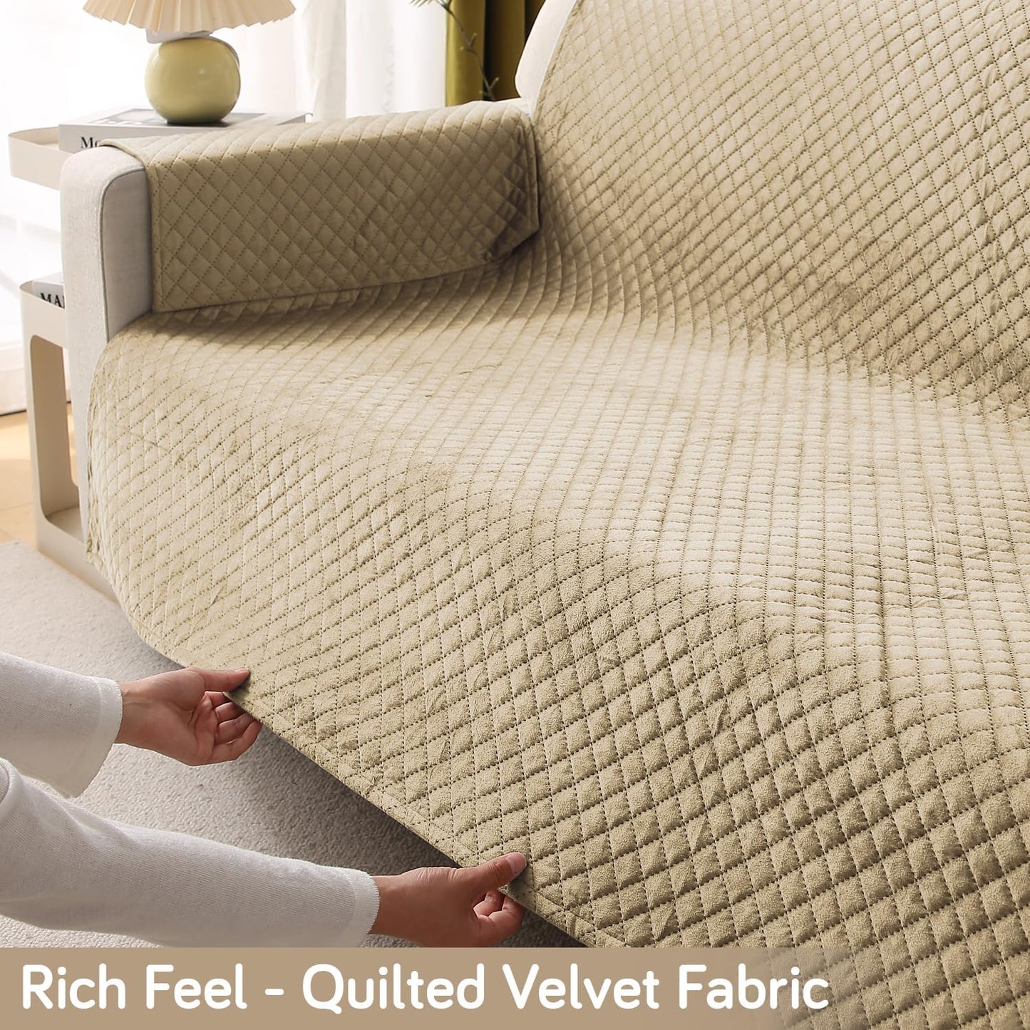 Quilted Velvet Sofa Cover Mat with Side Pockets, Pet Friendly, Natural Beige