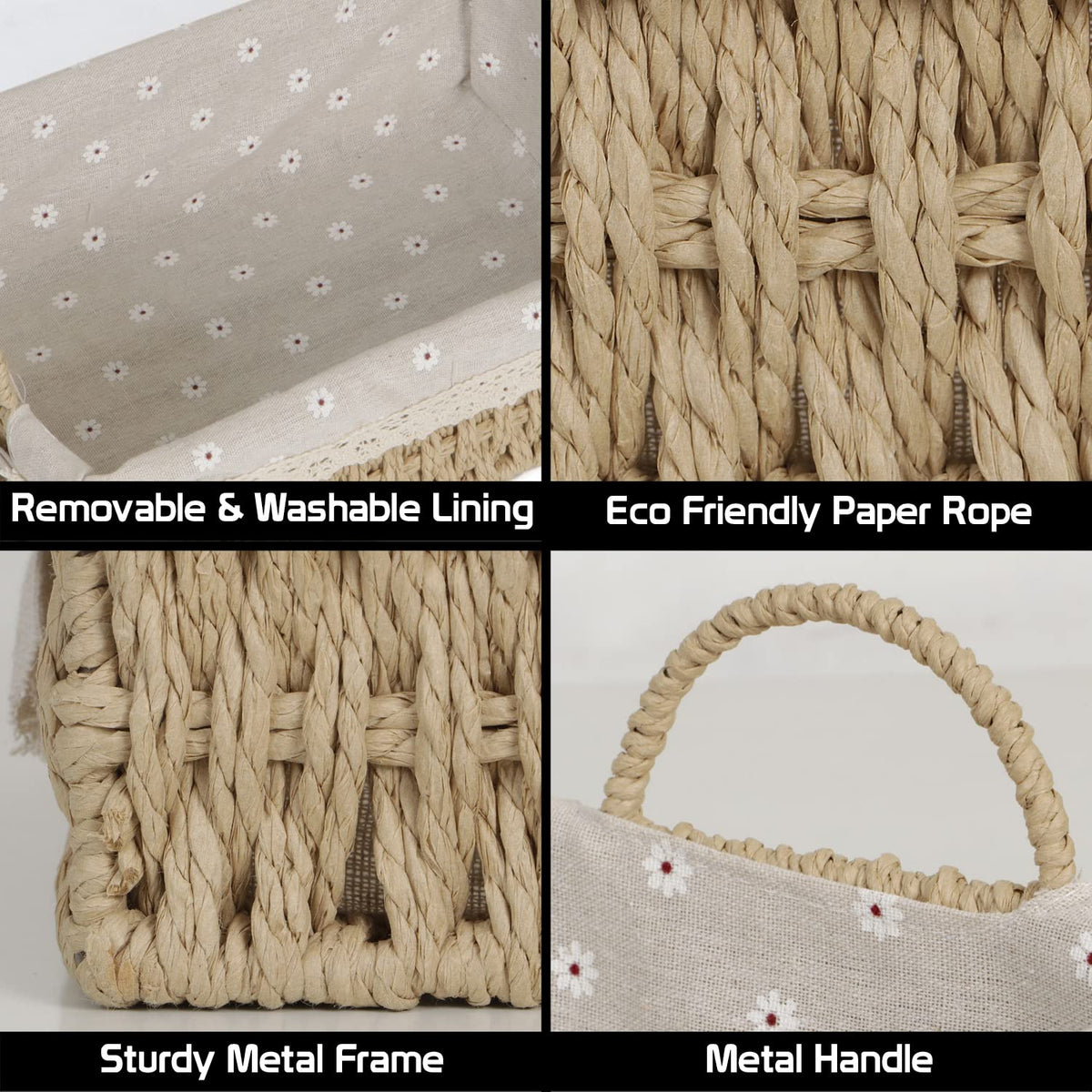 Environmental Friendly Paper Rope Wicker Storage Baskets with Handle, Pack of 2, Beige