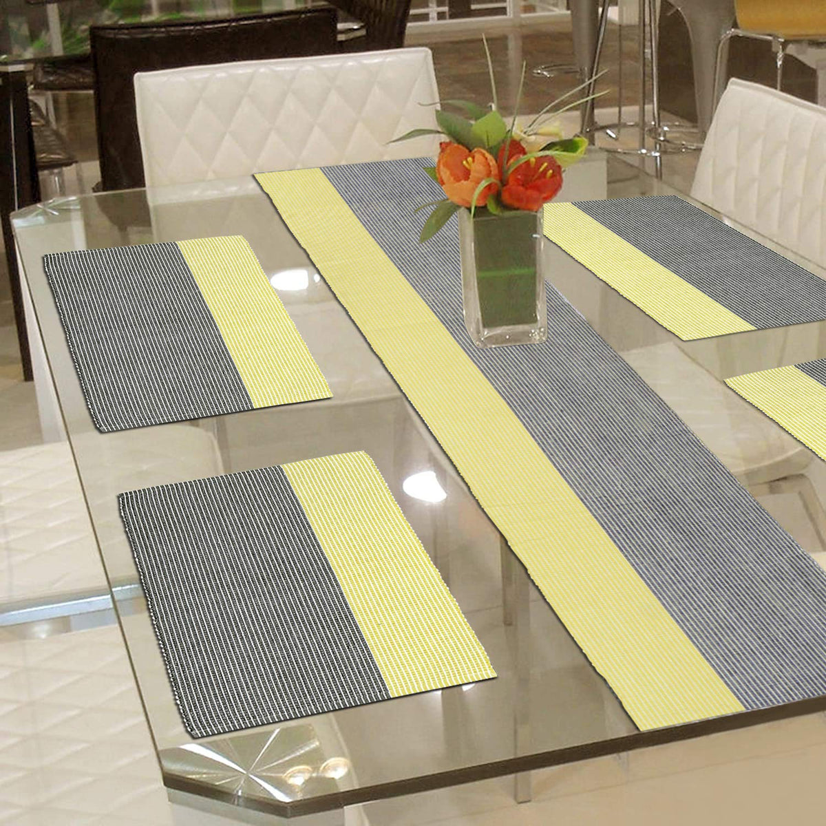 Ribbed Cotton Heat Resistant Dining Table Mat, Yellow & Grey