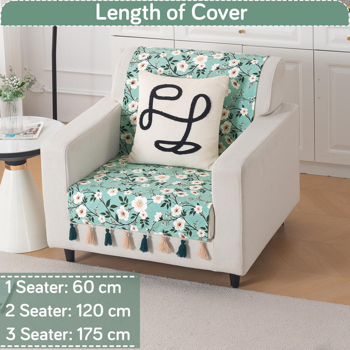 'Whispers of Nature' Series Holland Velvet Sofa Cover with Tassel, Sage Floral Vine