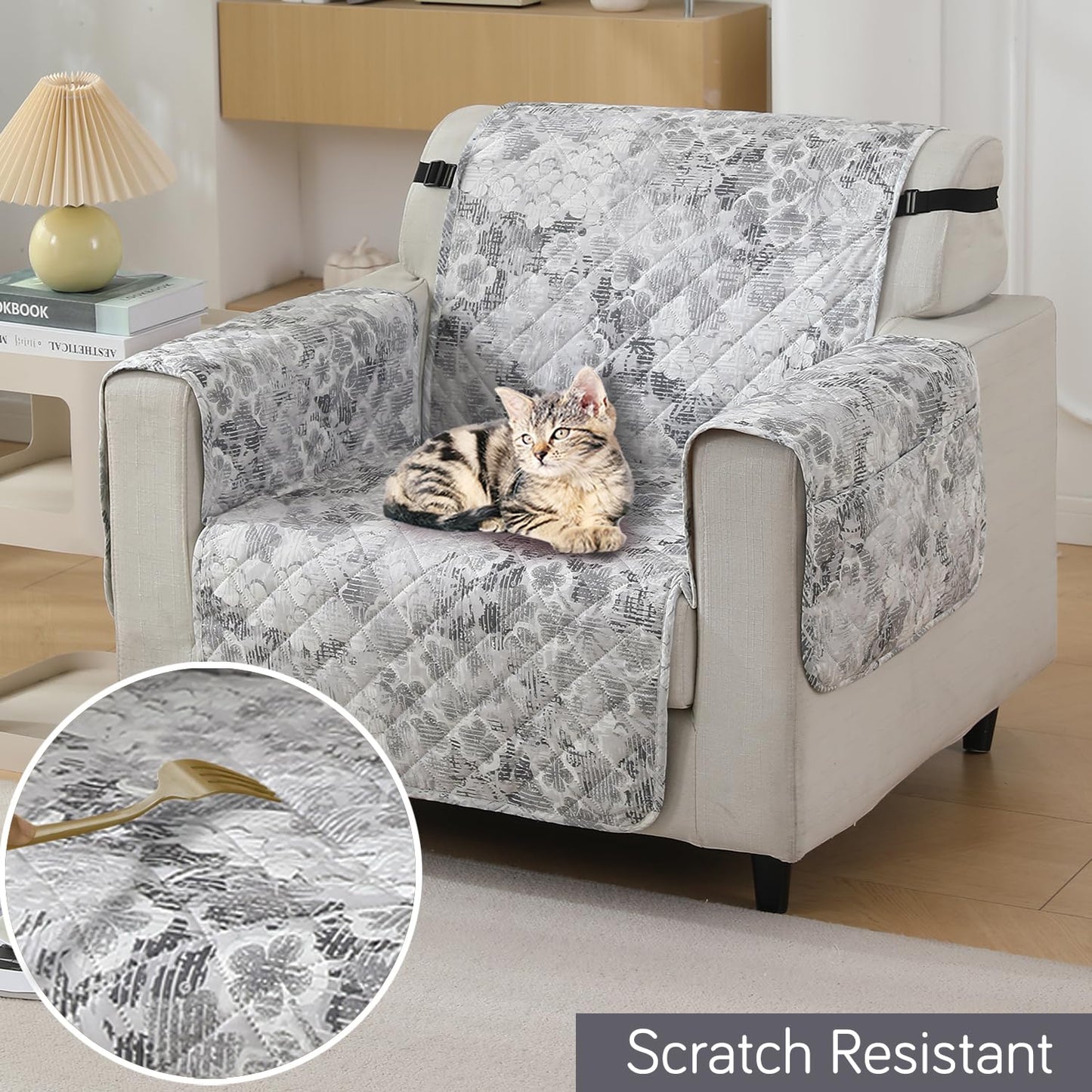 Quilted Waterproof Sofa Cover Mat with Pockets on Armrest Cover - Abstract Pale Grey