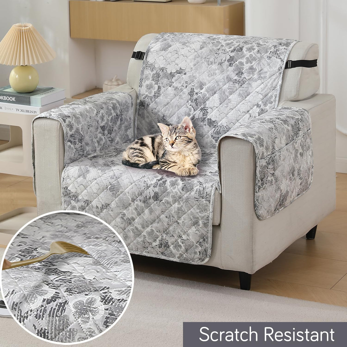 Abstract Pale Grey print Scratch resistant quilted waterproof sofa cover | Hokipo