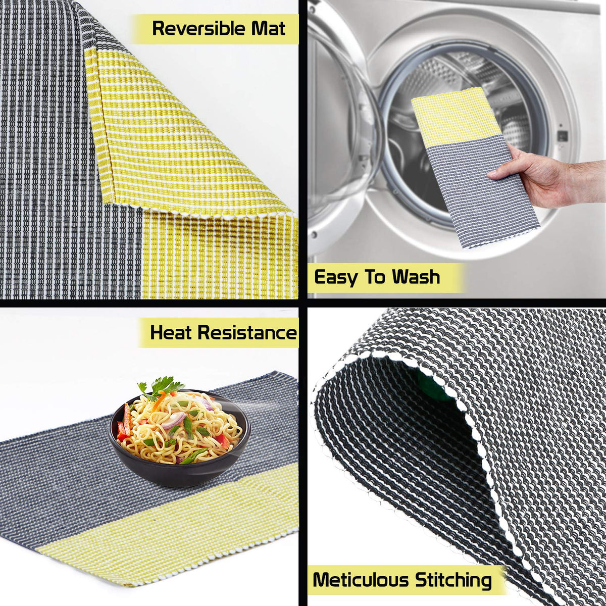 Ribbed Cotton Heat Resistant Dining Table Mat, Yellow & Grey
