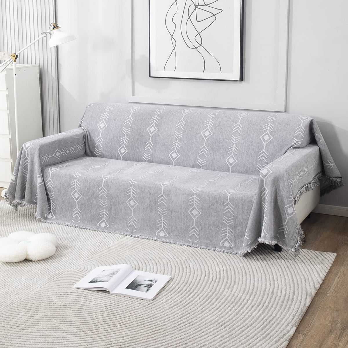 Thick, Soft and Pet Friendly Chenille Sofa Cover Throw, Grey Aztec