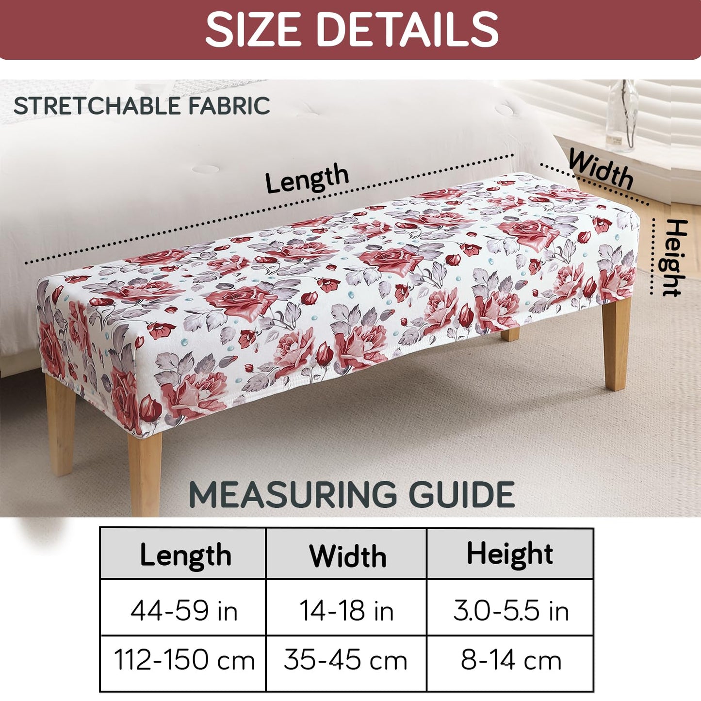 Premium Printed Velvet Stretchable Dining Bench Slipcover, Red Cottage Rose