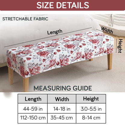 Premium Printed Velvet Stretchable Dining Bench Slipcover, Red Cottage Rose